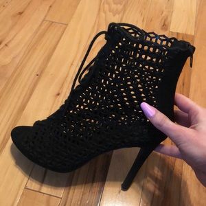 Black lace up open toe boots